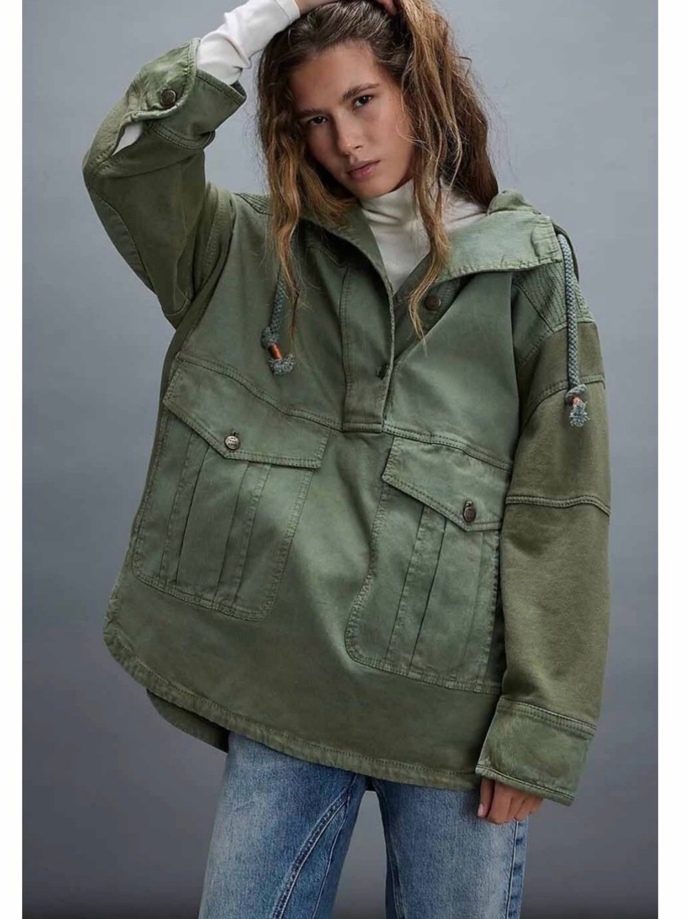 We The Free Washed Sage Green Hooded Utility Pullover Jacket